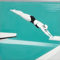 acrylic painting on wood of a woman wearing a swimming cap diving from a high diving board into a pool. the pool is out of frame. teal, white, black and grayscale. simple. flat. vintage, mid - century modern. mid - drive, in the air, fully body
