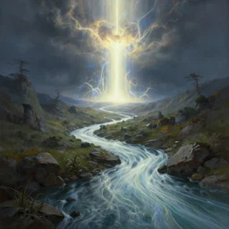 a hyperdetailed landscape painting photography 3 d matte painting of a light flow stream of energy comes out of the soul apocalypse by art by greg rutkowski artgerm