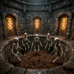5 living undead skeletons emerging from a pile of brown shit and dirt in the bottom of a very dark well. swords in their hands. circular room. stone walls. bright runic symbols in wooden doors. wide angle. trending on artstation, craig mullins, gopro lens.