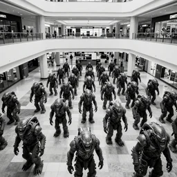 camera footage of a Hundreds of Rabid Zerg in an abandoned shopping mall, high exposure, dark, monochrome, camera,  grainy, CCTV, security camera footage, timestamp, zoomed in, fish-eye lens, Evil, Zerg, Brood Spreading, horrifying, lunging at camera :4