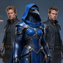 indigo dyed armored kenku, artistically anthropomorphic black bird head. cloaked hood down, science fiction, portrait by donato giancola and greg rutkowski and wayne barlow. top all time r / imaginarycyberpunk.