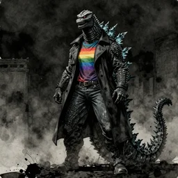 female humanoid godzilla dressed in a black trench coat, rainbow t - shirt, and jeans, graphic novel, watercolor, spray paint, dark, dark mode, tones of black, tones of black in background, low contrast