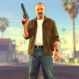 saul goodman standing in the sun holding a smg gun, grand theft auto 5 artwork