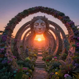 a bit flip at the end of time and space where we found the portal to the illusion of it all, multiple warped perspective, surreal, fantastic, notan, 8 k, sunrise, sunset, godhead, garden of enchantment, depth, fractal, enlightenment