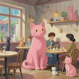 a mixed media portrait painting of inside an aesthetic pink cat - themed cafe, cats everywhere, minimalist, by studio ghibli, thomas kinkade, frank frazetta, greg rutkowski, beeple, yoko taro, christian macnevin, beeple, wlop and krenz cushart, epic fantasy character art, volumetric outdoor lighting, midday, high fantasy, cgsociety, cheerful colours, full length, exquisite detail, post - processing, masterpiece, cinematic