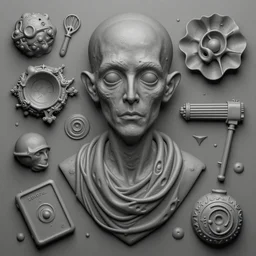a close up of a bunch of different items, bas - relief, an ambient occlusion render by alberto seveso, zbrush central, vanitas, lovecraftian, biomorphic, rendered in cinema 4 d