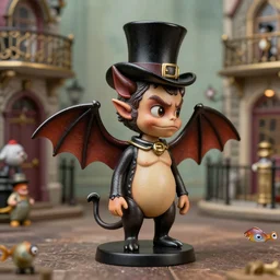 profile portrait tin toy devil with bat wings wearing a top hat, nicoletta ceccoli, mark ryden, lostfish, max fleischer, depth of field, detailed and intricate victorian london environment, 8 k resolution, hyperrealistic, octane render