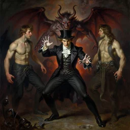 attractive magician man, casting dark magic, summoning handsome demon. highly detailed painting by gaston bussiere, craig mullins, j. c. leyendecker 8 k