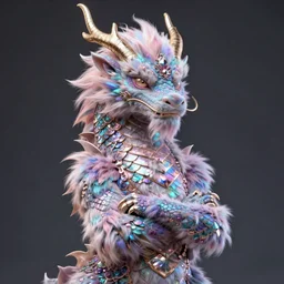 furry fluffy iridescent dragon, by greg rutkowski, trending on artstation, detailed, intricate, elegent, cinematic, 4 k, dramatic lighting, crossed arms