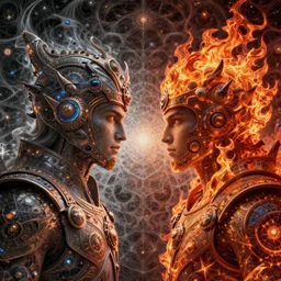 the army of fire and the incarnate of fire, fantasy character portrait made of fractals facing each other, ultra realistic, wide angle, intricate details, the fifth element artifacts, highly detailed by peter mohrbacher, hajime sorayama, wayne barlowe, boris vallejo, aaron horkey, gaston bussiere, craig mullins