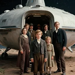 sharp, 35mm still from a sci fi blockbuster movie, set in 1860, of a family leaving a spaceship, that has just landed on an alien planet, wearing 1850s era clothes, good lighting, 4k, in focus faces, oscar winner, 35mm macro lens