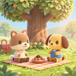 two cute animal crossing villagers having a picnic under a big tree. 3 d render. close up view, bokeh. golden hour, volumetric lighting, god rays, outdoor picture.