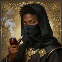 cute young black mage ( final fantasy series ) male, smoking a pipe, shrouded face, deep focus, d & d, fantasy, intricate, elegant, highly detailed, digital painting, artstation, concept art, matte, sharp focus, illustration, hearthstone, art by artgerm and greg rutkowski and alphonse mucha