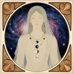 a portrait of a galaxy as an androgynous druid spirit wearing five necklaces of moons and stars, draped in transparent cloth, flat colors, occult, minimal, swirly, bust by alphonse mucha, decorative art nouveau border, astrophotography, vast cosmos, detailed book illustration, trending on artstation