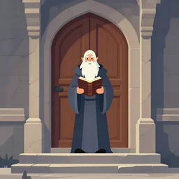 old wizard holding a book standing in front of an elaborate wooden door. cracked stone steps lead up to the door., icon vector minimalist warcraft, loftis, cory behance hd by jesper ejsing, by rhads, makoto shinkai and lois van baarle, ilya kuvshinov, rossdraws global illumination