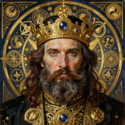 hyper realistic painting portrait of rasputin, occult diagram, elaborate details, detailed face, intrincate ornaments, gold decoration, occult art, oil painting, art noveau, in the style of roberto ferri, gustav moreau, david kassan, bussiere, saturno butto, boris vallejo