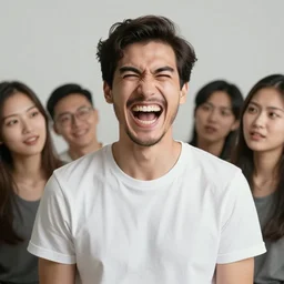 One man laughs while everyone looks at him angrily.