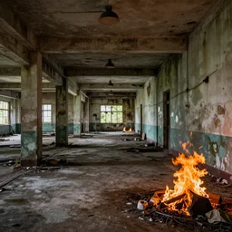 backrooms abandoned mall, moldy walls and fiery garbage