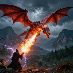a powerful flying fire Dragon spitting fire fighting against a strong Wizard which spells lightning strikes  in the foreground, big Mountains and wide forrests are in the Background, stormy weather at night ,cinematic Style, hyperrealistic