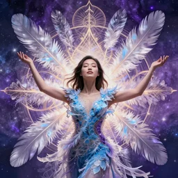ecstatic beautiful young asian woman by irakli nadar, several layers of 3 d translucent feathers fractals radiating behind with sacred geometry, cosmic, natural, awakening, symmetrical, in the style of ernst haeckel, effervescent, warm, photo realistic, epic and cinematic, purple, light blue