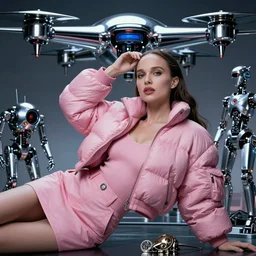 beautiful fantasy character portrait, natalie portman, wearing pink puffy bomber jacket, seductive reclining pose, futuristic chrome drones, ultra realistic, dramatic lighting, robots, the fifth element artifacts, highly detailed by peter mohrbacher, hajime sorayama, wayne barlowe, boris vallejo, aaron horkey, gaston bussiere, craig mullins