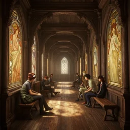 highly detailed old wood corridor, stephen bliss, unreal engine, fantasy art by greg rutkowski, loish, rhads, ferdinand knab, makoto shinkai and lois van baarle, ilya kuvshinov, rossdraws, tom bagshaw, alphonse mucha, global illumination, radiant light, detailed and intricate environment
