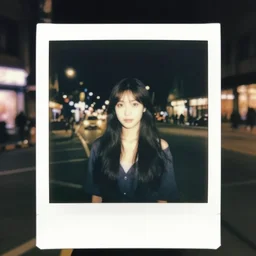 portrait of a girl in the city street at night, bokeh, long exposure, polaroid sx - 7 0 instant film