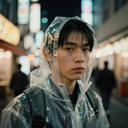 Kodak Portra 400, 8K, highly detailed, breaking bad style 3/4 extreme closeup portrait, clear eyes, focus on clear transparent raincoat model, tilt shift zaha hadid style background: famous blade runner remake, tokyo izakaya scene