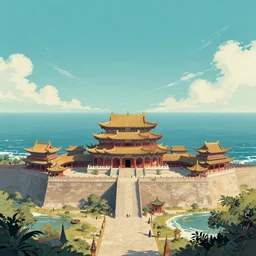 ancient palace viewed from the sea, epic retrowave art, trending on art station