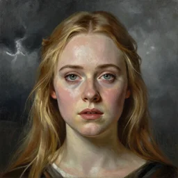professional painting of Elle Fanning in the style of Caspar David Friedrich, head and shoulders portrait, symmetrical facial features, smooth, sharp focus, illustration, intricate, stormy weather, extremely detailed masterpiece,