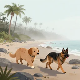 a xoloitzcuintle and a belgian shepherd enjoying a walk on a rocky beach, palm trees, clody morning, fog, illustration