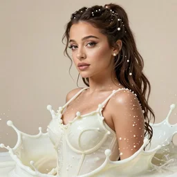 ariana grande wearing a risque outfit made from splashes of milk, half body portrait, greg kutkowski, sharp details, soft lighting, subsurface scattering, pearls of sweat, glistening skin, warm lighting