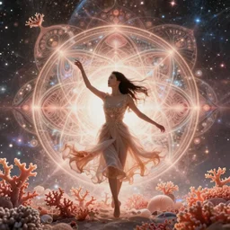 ridiculously beautiful young asian woman tripping, coral and light fractals radiating behind with sacred geometry, cosmic, natural, awakening, symmetrical, in the style of ernst haeckel and alex grey, effervescent, warm, photo realistic, epic and cinematic