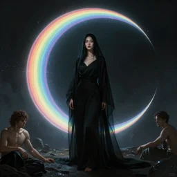 awe-inspiring award-winning concept art painting of attractive Ashley Liao in black shrouds as the goddess of the moonbow, rainbow, by Michael Whelan, William Adolphe Bouguereau, John Williams Waterhouse, and Donato Giancola, cyberpunk, extremely moody lighting, glowing light and shadow, atmospheric, shadowy, cinematic, 8K,