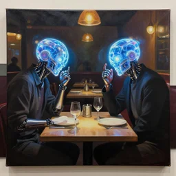 two cyborgs with glowing plasma ball heads having an awkward dinner date in a dimly lit cafe acrylic on canvas canvas intricate highly detailed dramatic lighting anton pieck william henry hunt trending on artstation