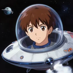 white boy brown hair in space on a ufo in japanese anime in 4 k quality super realistic