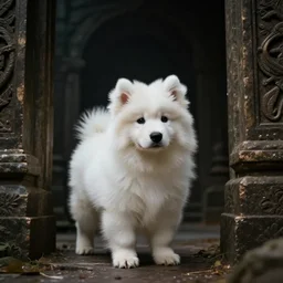 adorable very cute samoyed puppy stuck in dark souls elder ring temple, movie still, dramatic lighting,