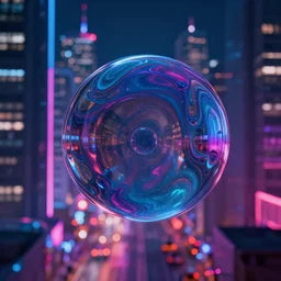 a generactive art of city's neon night, metaballs, fluids