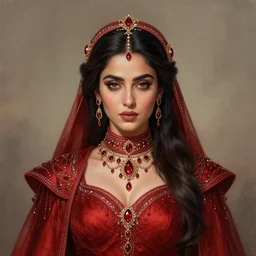 head-on symmetrical centered painted portrait, Mahira Khan as a D&D wizard, red bejeweled robes, fantasy, intricate, elegant, highly detailed, digital painting, smooth, sharp focus, illustration, artstation, in the style of Artgerm and Anna Podedworna and Alex Ross