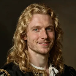 portrait of a smiling blond handsome man with long hair and green eyes in baroque art, anime inspired, High Res 8K,hyperdetailed