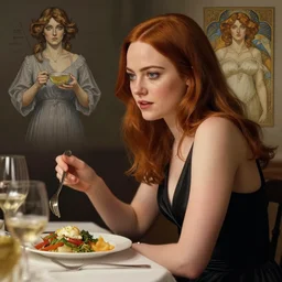emma stone eating dinner, character sheet, character design, contrast, deep focus, turnaround, highly detailed, dramatic lighting, digital painting, artstation, concept art, matte, sharp focus, illustration, elegant, art by artgerm and greg f and alphonse mucha.