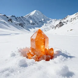 white snowy landscape mountains with a huge orange crystal buried inside