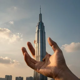 a skyacraper ontop of a giant hand that is crawling on it's fingertips