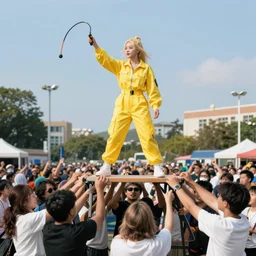 blonde asian girl wearing yellow jumpsuit flailing a bullwhip while standing on top of a folding table being held up by a crowd of people