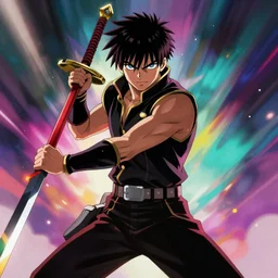 anime warrior holding a powerful weapon, dramatic colorful lighting, trending on art station, image of the day, greg rutkowski