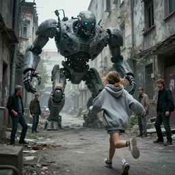 sadie sink quickly runs by us ( in oversized hoodie ) away from a massive scary robot running to us | background : alleyway near decaying tenements. concept art for scifi dystopian film. by nikolay makovsky, bob byerley, wadim kashin, andrea kowch. cinematic moody atmosphere, detailed and intricate, perfect anatomy