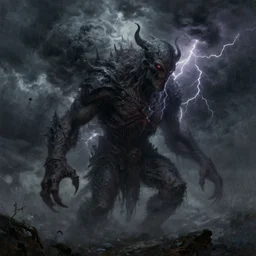 concept art, of a horrid creature made of dark clouds, thunderstom, rain, medieval, dark concept art, dark skies painting by wlop, nixeu and greg rutkowski, beautiful, semirealism, artstation, octane render, oil painting, sharpness, 8 k, golden ratio