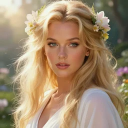 macro closeup headshot of a beautiful seductive 2 0 years old britney spears ethereal magical fairy princess wearing a white robe and flowers in her long blonde hair in a fantasy garden, d & d, fantasy, rim light, volumetric lighting, digital painting, artstation, concept art, smooth, sharp focus, illustration, art by arney freytag, glamour pose, greg rutkowski, maxfield parrish and alphonse mucha, sunrise, new art nouveau, soft ambient lighting, particle effects