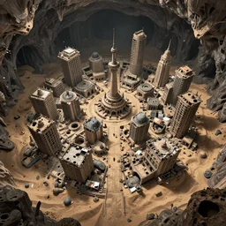 The dilapidated city of an advanced civilization that crumbled after an apocalyptic event found in the depths of a dark sand cavern, seen from above, first person POV, game concept art, highly detailed, artstation