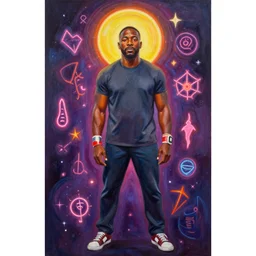 full body portrait of floyd mayweather by mandy jurgens, cartoon, oil painting, visionary art, magic symbols, holy halo, neon ambient lighting, high detail, dark vibrant colors